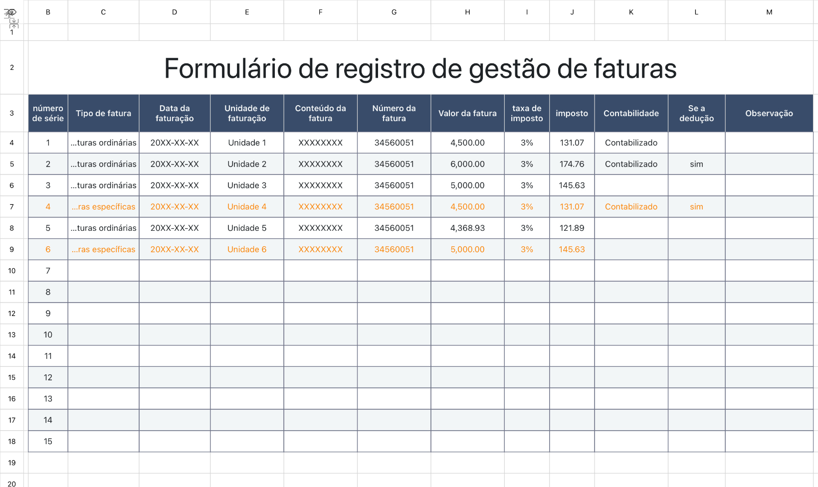 Formulário de registro de gestão de faturas